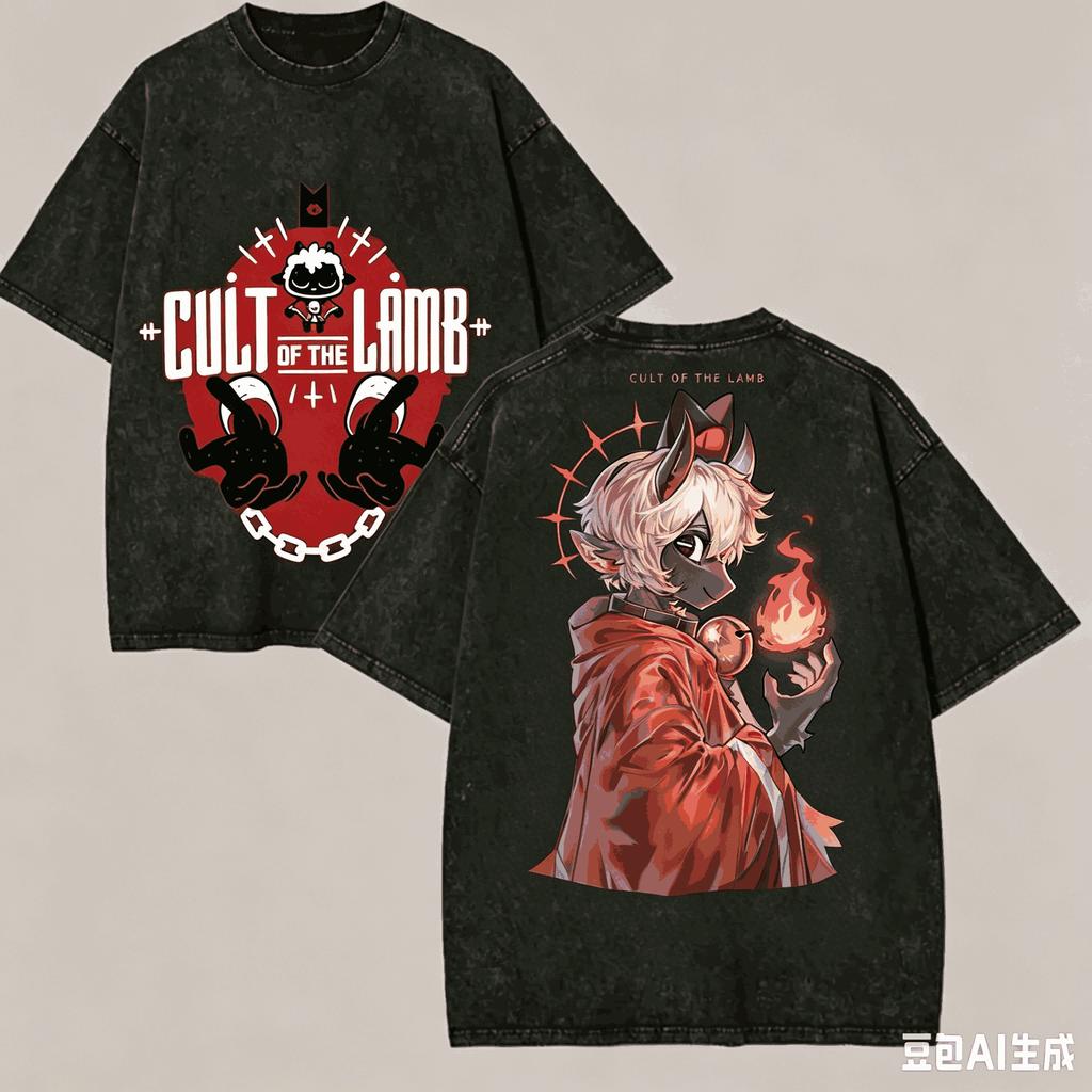 Cult of The Lamb Game Print T Shirt Unisex Short Sleeve Tee Casual Streetwear Dark Occult Art Vintage Washed Loose Tshirt for Men Women