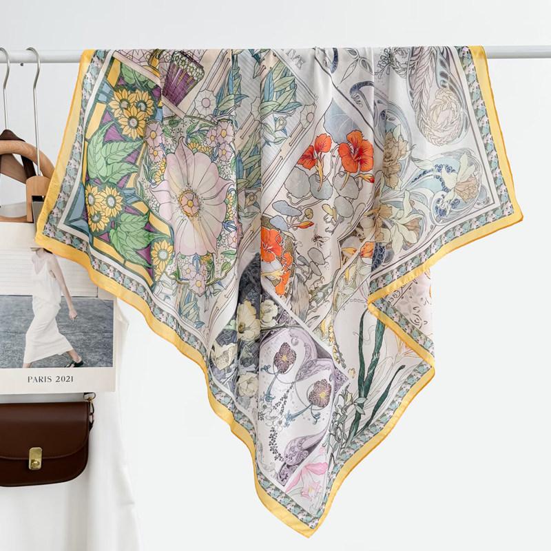 Atmosphere Blue Cashew Flower Silk Scarf 91 Series Neck Large Square Scarf Women's Scarf Seaside Baotou Scarf Sunscreen Shawl