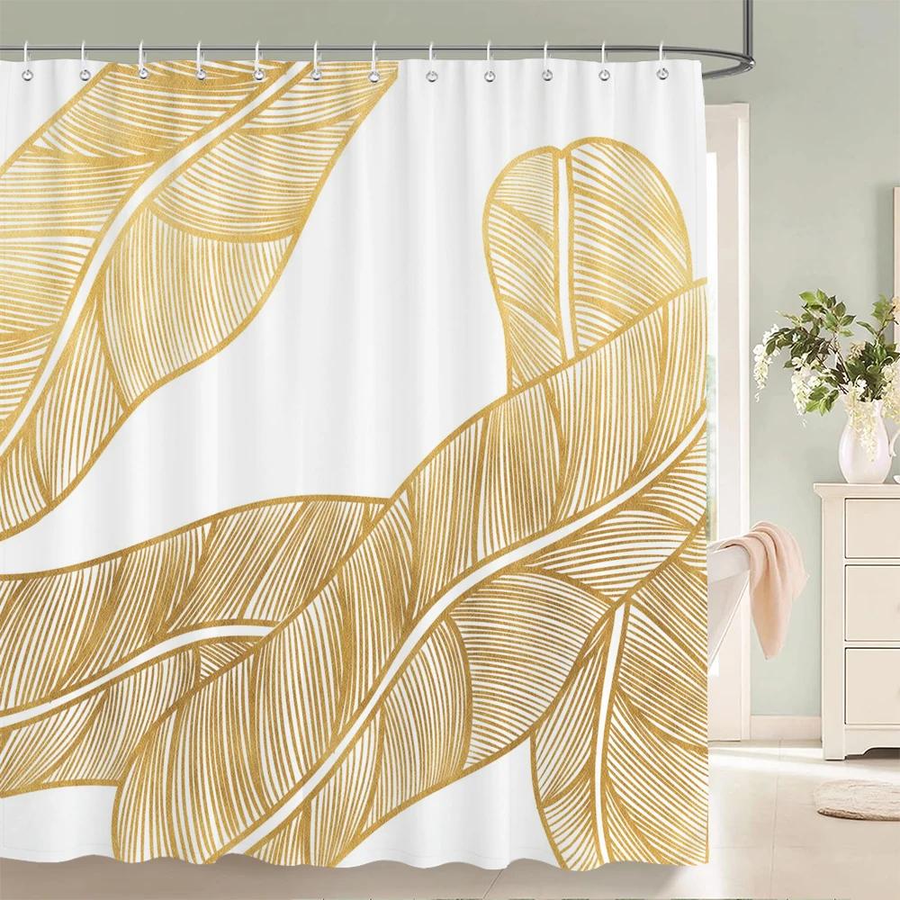 

Gold Leaf Shower Curtain White Background Elegant Nature Design Modern Bathroom Decor Luxury Style Boho Chic Home Accessory W60H190(CM)-1 Pcs