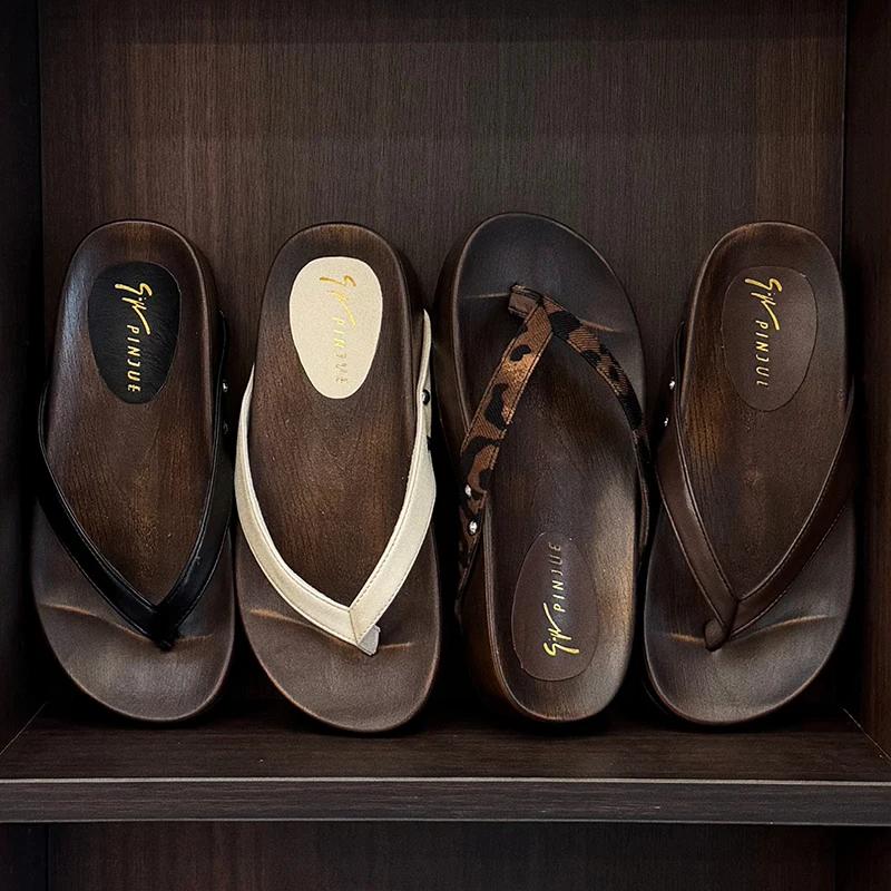 Fashion Women's Platform Slippers 2025 Summer New Japanese Retro Wood Grain Slippers Fashion Thick Sole Clip Toe Sandals Flip Flops