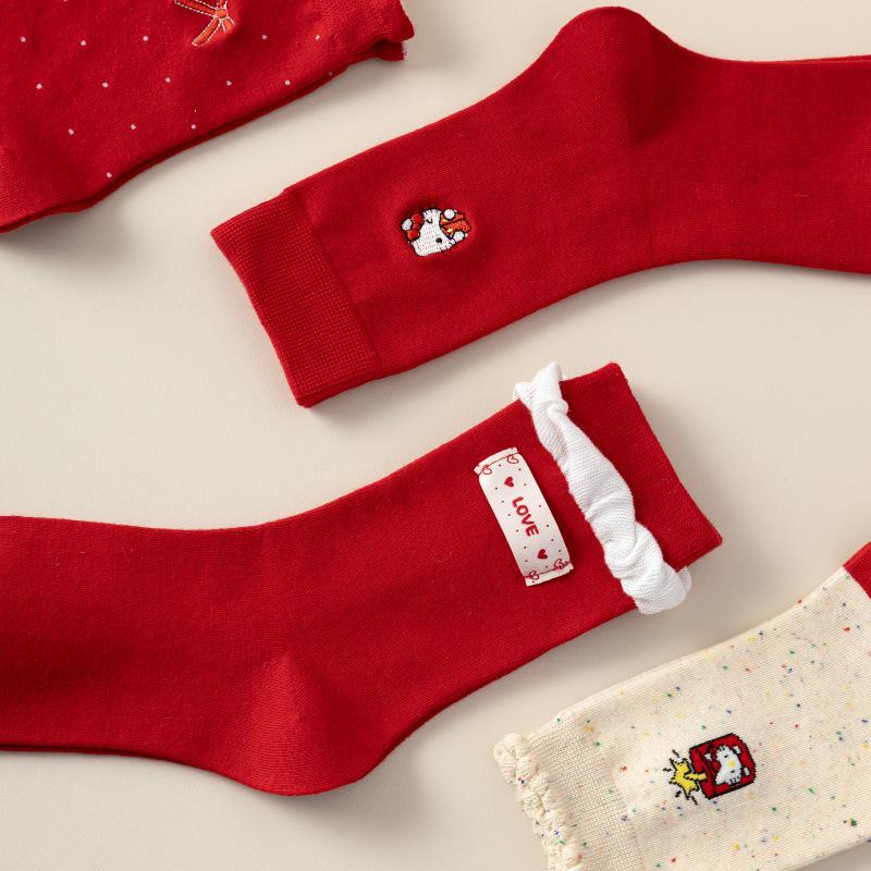 New Year Women's Lucky Red Cat Mid-Calf Socks Gift Box Set