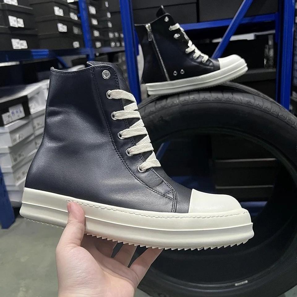 Dark Shadow R-o Genuine Leather High Top Black Zip Lace Up Casual Shoes Men Women Thick Sole Luxury Sneakers Flat Ankle Boots