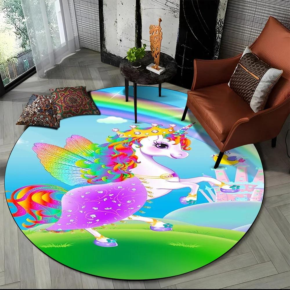 Unicorn Cartoon Animal Round Carpet Rug for Living Room Children's Bedroom Sofa Decor,Kid Paly Game Area Rug Non-slip Floor Mat