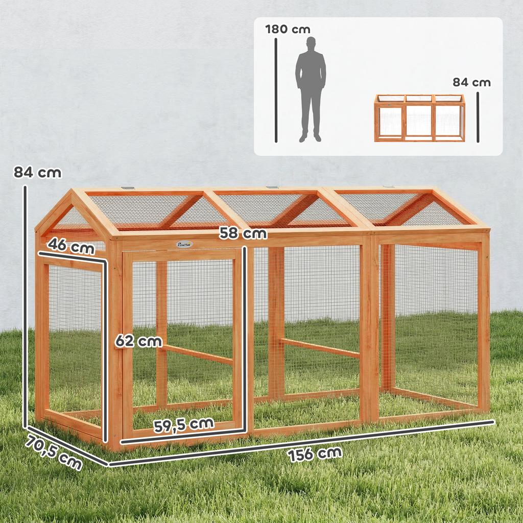 Chicken Coop Free-Range Run with Perch Double Doors, Made of Wood and Metal, for 4 Chickens, 156 x 70.5 x 84 cm Orange