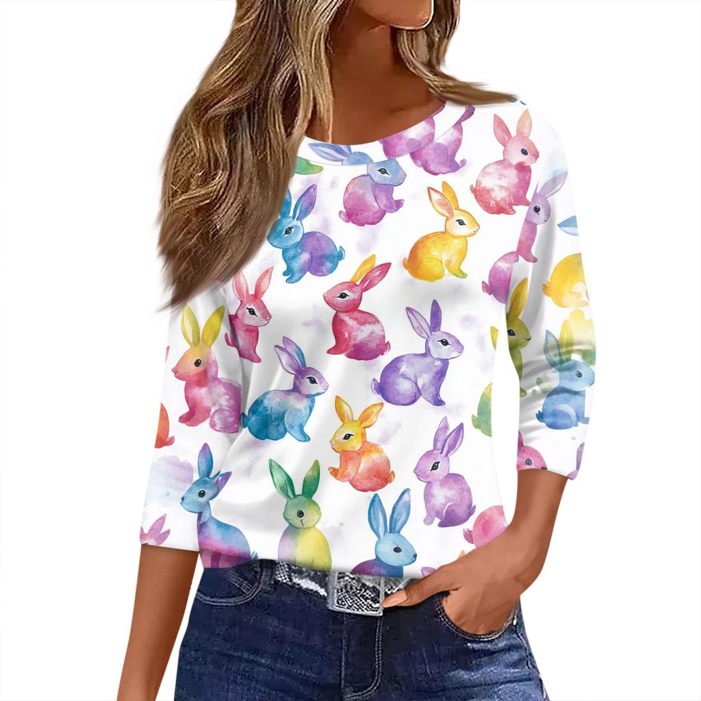 Damen T-Shirt mit Weihnachtsdruck, 3/4-Ärmel, für den Alltag, Wochenendmode, Basic, Rundhalsausschnitt, normales Oberteil