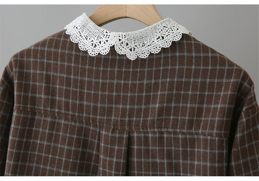 Plus Size Women's 2026 Spring Plaid Coat with Lace Collar Cardigan - Slimming Long Sleeve Shirt