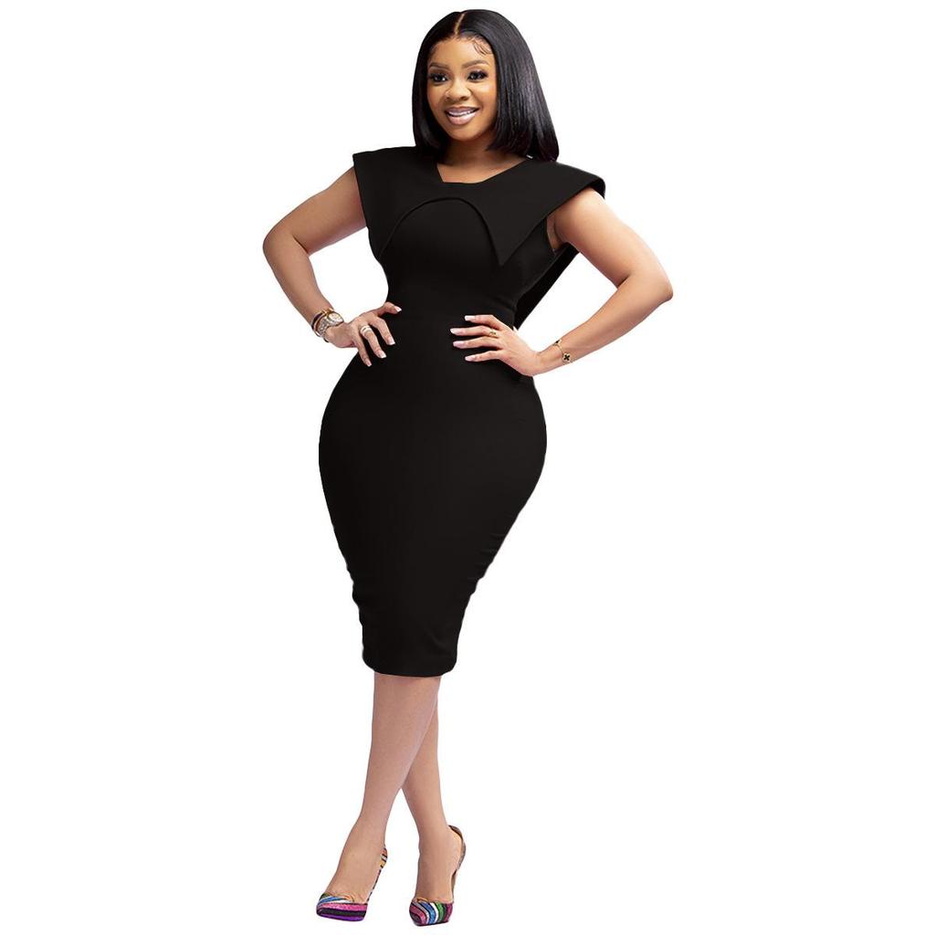Women's Summer Sleeveless Square Neck Office Dress with Back Zipper and Skirt Slit