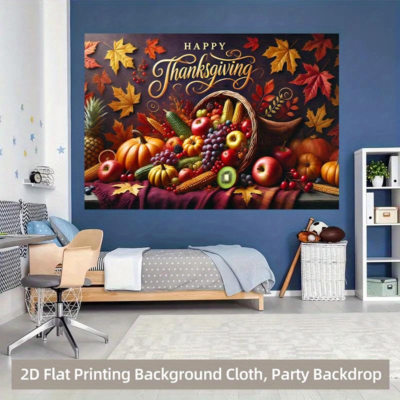 The autumn harvest Thanksgiving basket filled with various fruits and vegetables has a vibrant polyester background fabric.PMJ