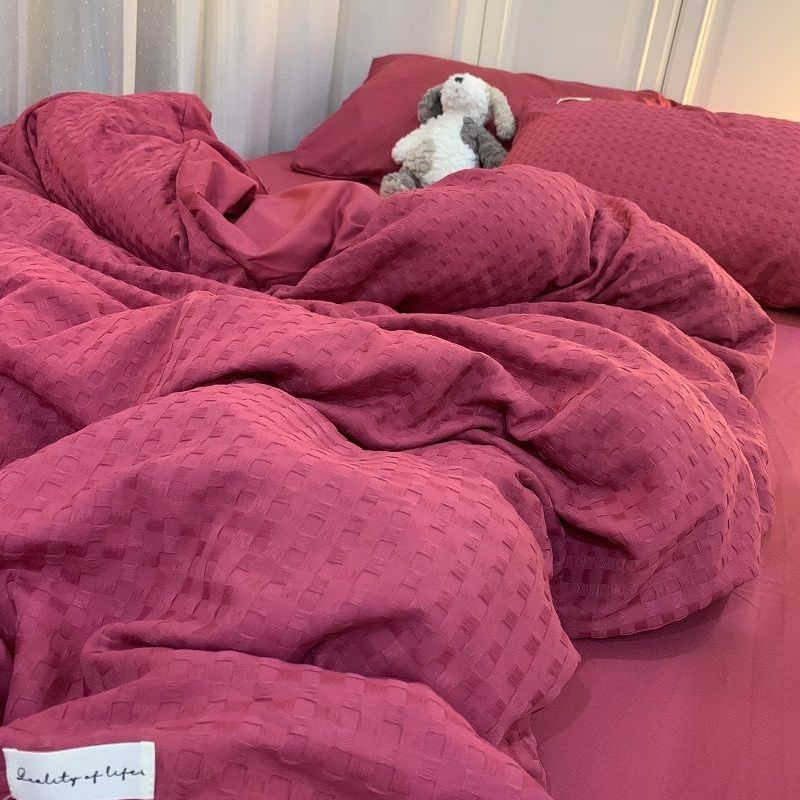 Bedding Set Luxury High Grade Light Washable Cotton Waffle Four Piece Olive Green Quilt Cover Bed Sheet Dormitory Three Piece