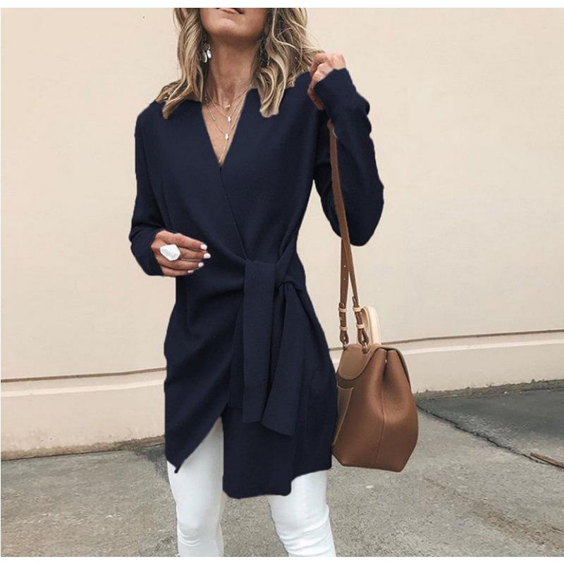 

Осенне-зимняя женская однотонная твидовая куртка с V-образным вырезом и поясом средней длины, повседневная, маленькая 2XL синий