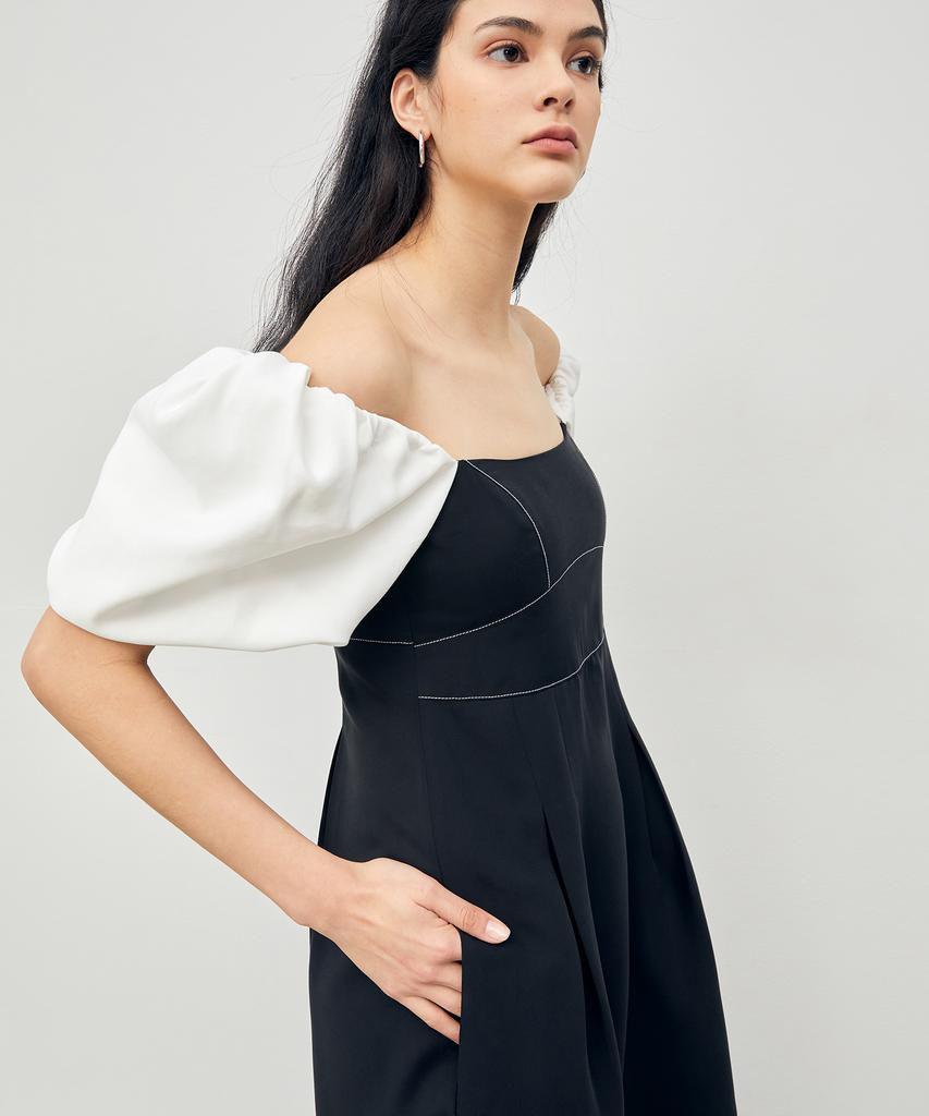 Onneu Stitched Puff Sleeve Maxi Dress Black