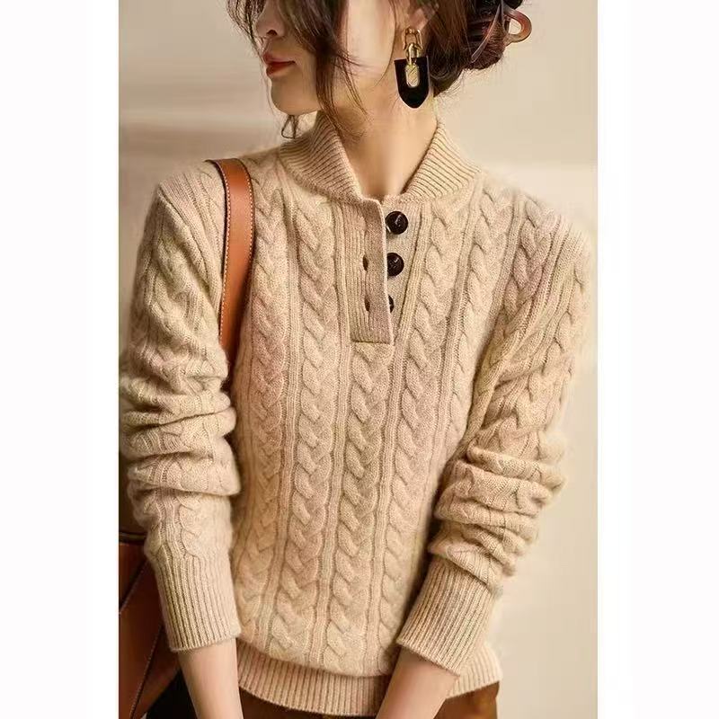Women's Elegant Cable Sweater - Long Sleeve Stand Collar Button-Up Pullover, Stylish Autumn/Winter Office Party & Daily Wear