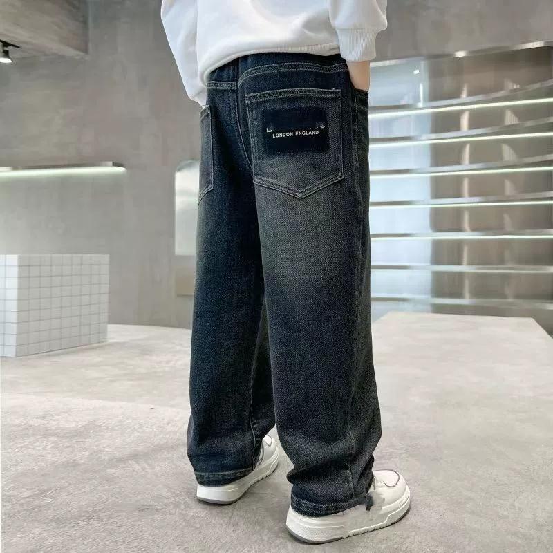 Jaro Podzim Zima 4-14 Let Chlapci Plyšové Teplé Džíny Módní Písmeno Volné Rovné Džínové Kalhoty Dětské Ležérní Streetwear Kalhoty