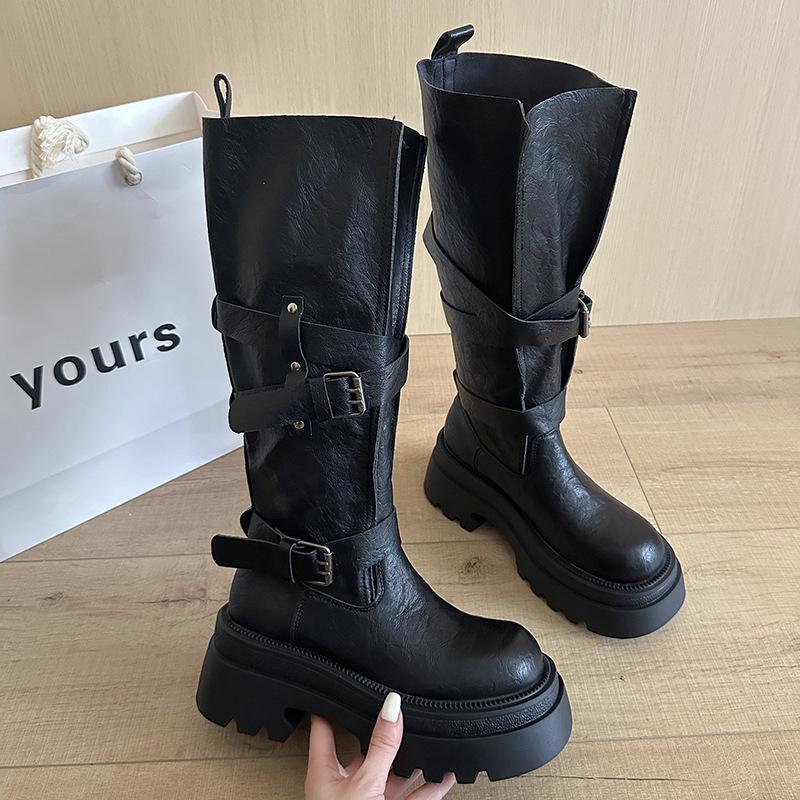 Fashion versatile retro belt buckle locomotive boots 2025 autumn new women's small thick-soled heightening knight boots