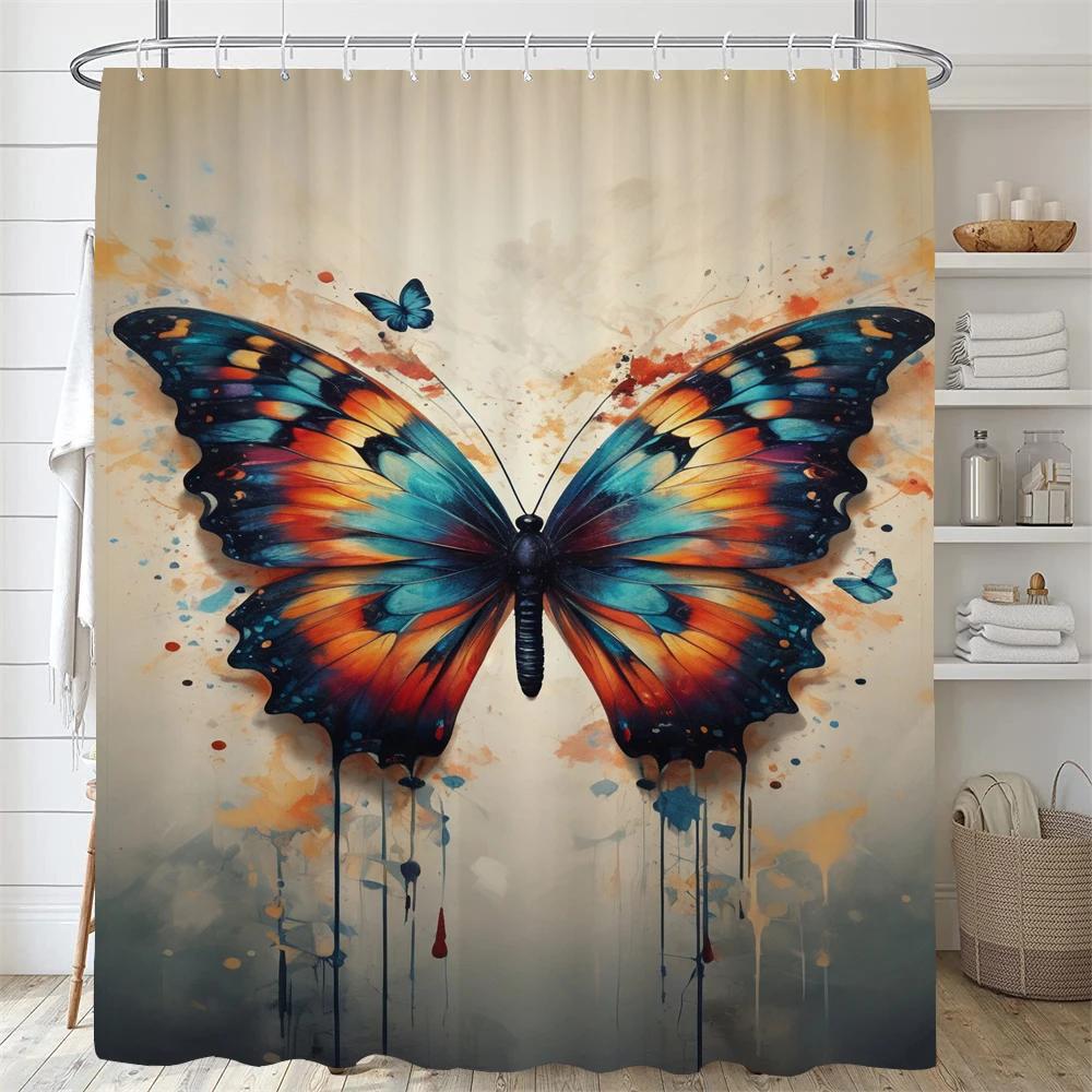 

Bathroom Flower Shower Curtain, Beautiful Colorful Painted Butterflies Print Polyester Fabric, Bathtub Shower Curtain With Hooks W60H190(CM)-1 Pcs
