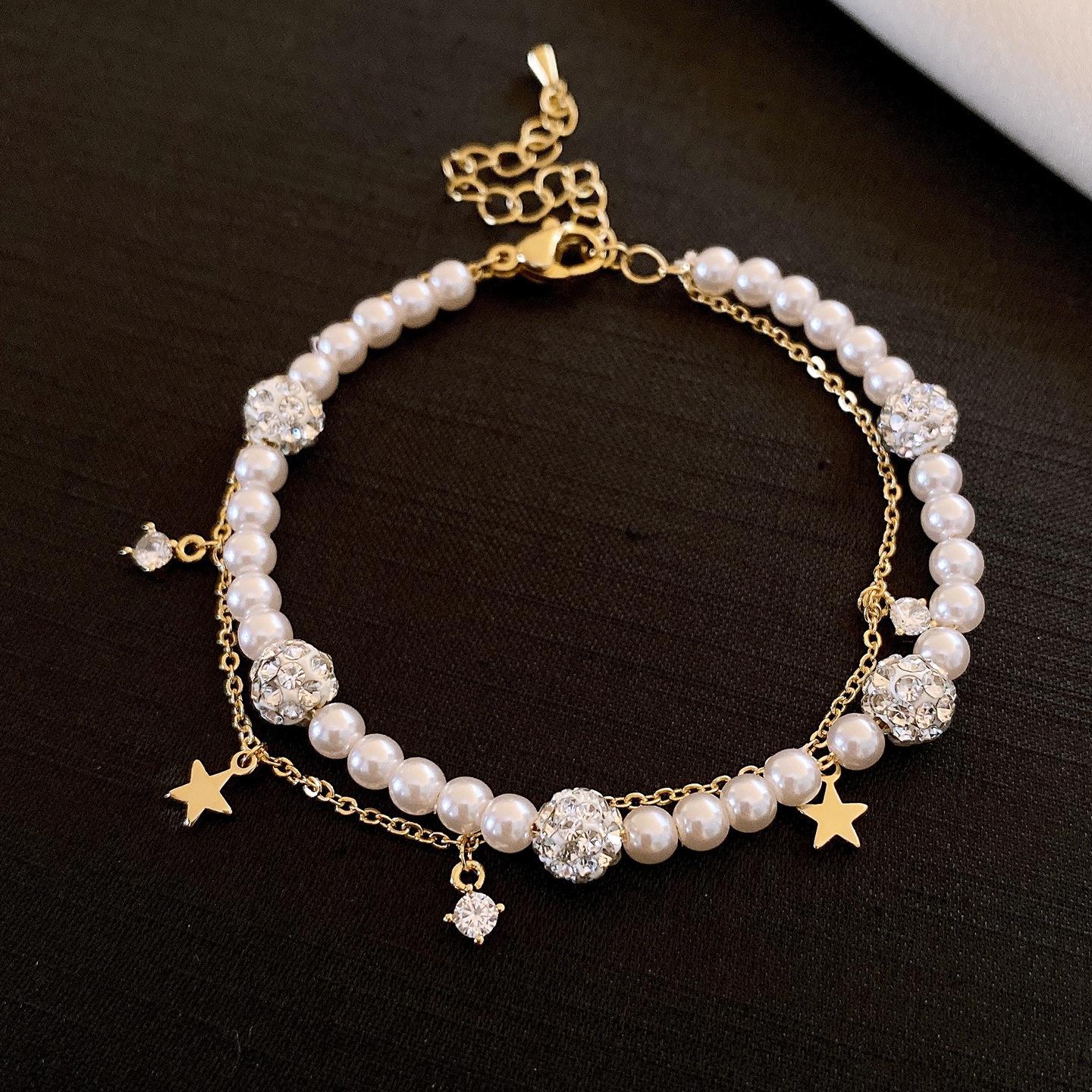 French beaded zircon star double-layer pearl bracelet bracelet niche design temperament jewelry