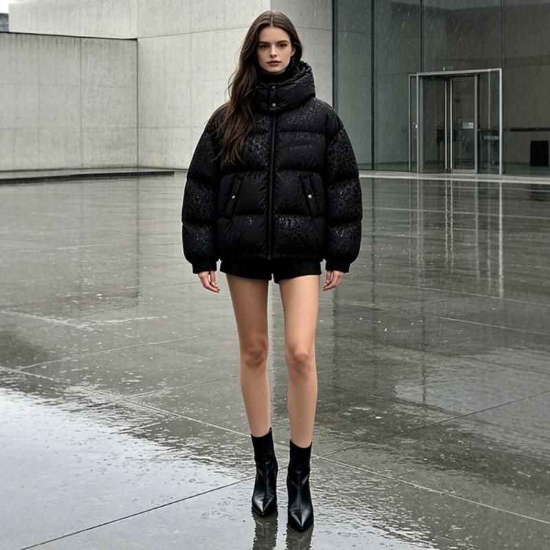 Womens Winter Hooded Puffer Coat Water-Responsive Leopard Print Loose Fit Thick Warm Cotton Jacket