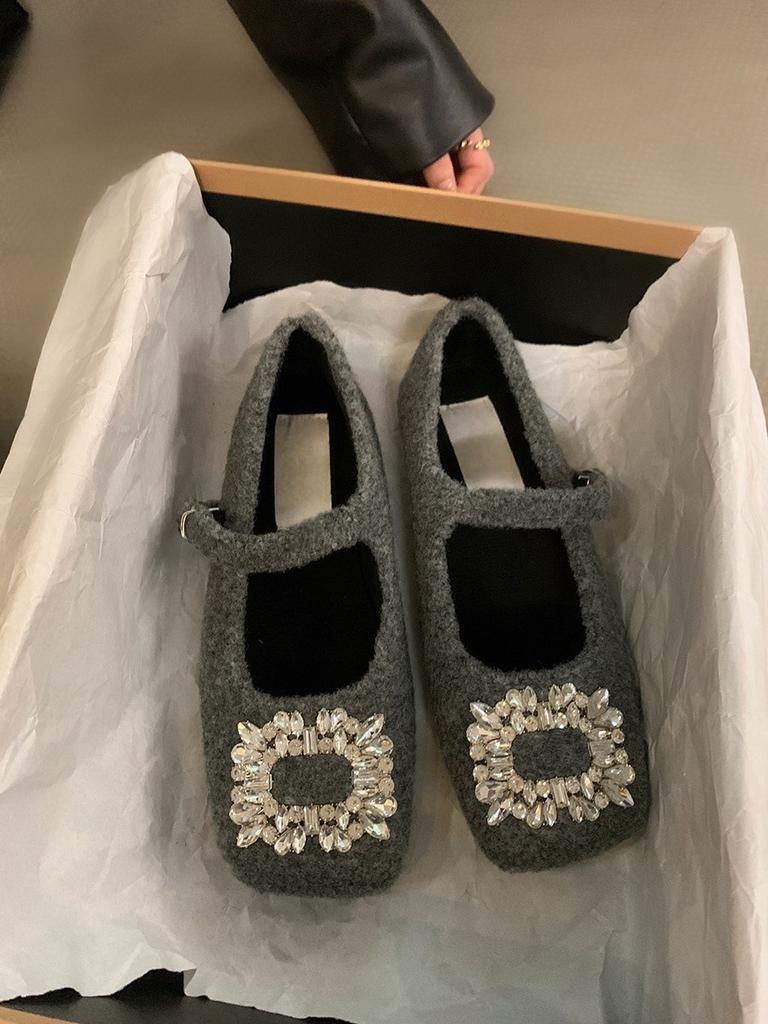 Women's temperament Mary Jane shoes women's velvet French evening breeze square head rhinestone woolen shoes women's winter wear single shoes