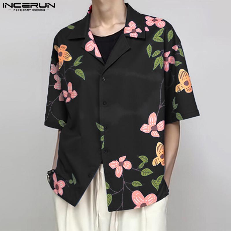 INCERUN Oversized Men Lapel Neck Short Sleeve Floral Print Casual Loose Shirts