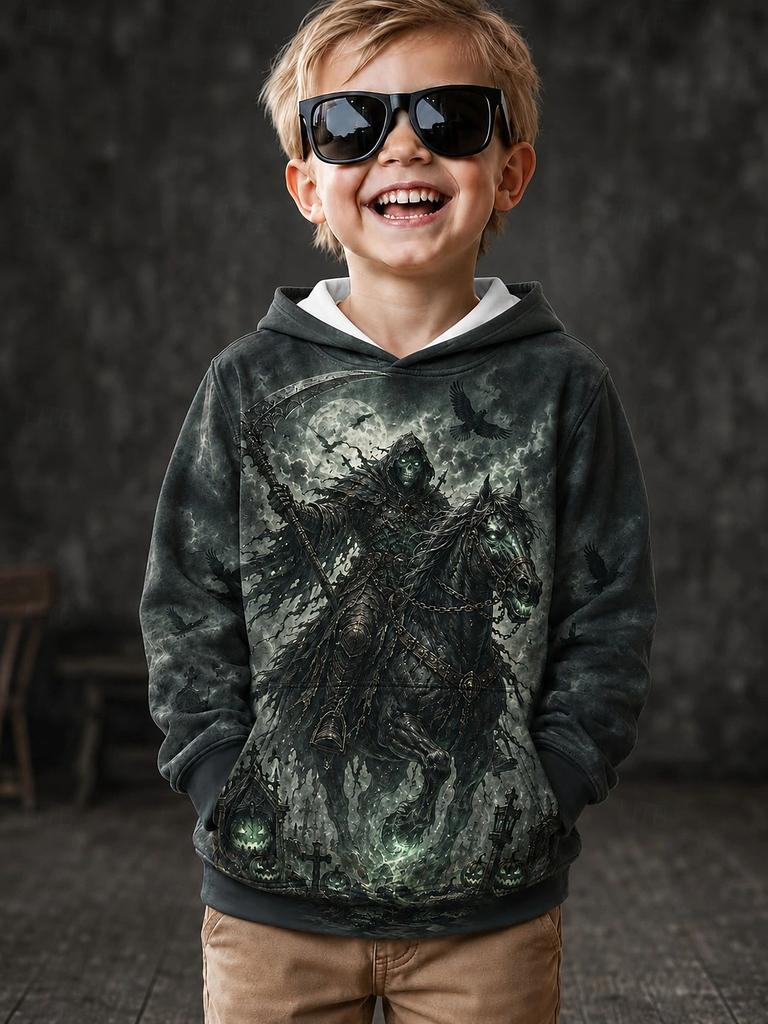 2026 Halloween Bluza z kapturem dla chłopców z grafiką czaszki 3D Pulower Długi rękaw Wiosenna Odzież sportowa Moda Streetwear Dzieci 4-7 lat Z kapturem Codzienna