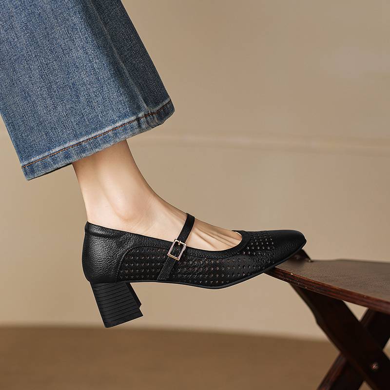 Krazing Pot Sheepskin Round Toe Thick Heels Summer Shoes Solid Big Size 42 Hollow Decoration Women Shallow Pumps