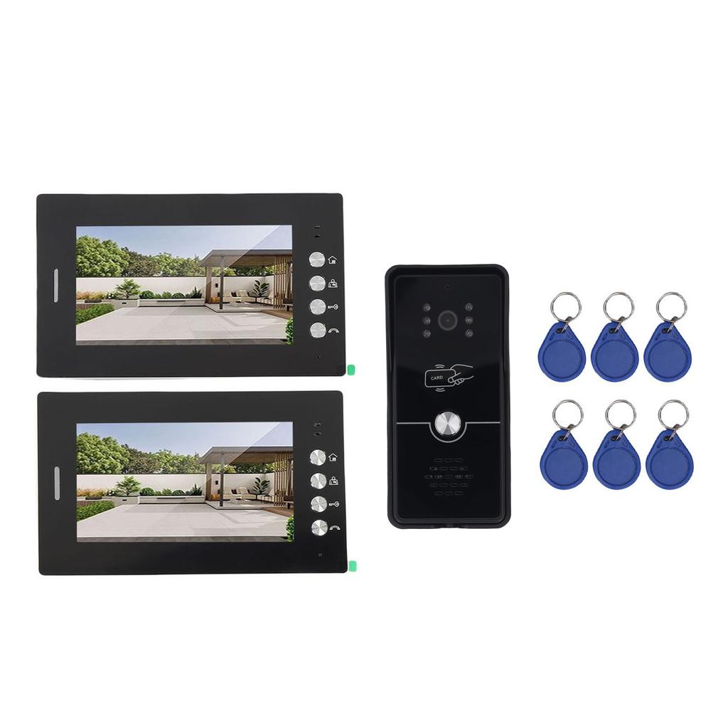 Sistem de Interfon Video pentru Intrare 2 Unități Ecran HD de 7 Inci Kit Video Interfon cu Fir cu 6 Carduri de Acces pentru Vilă