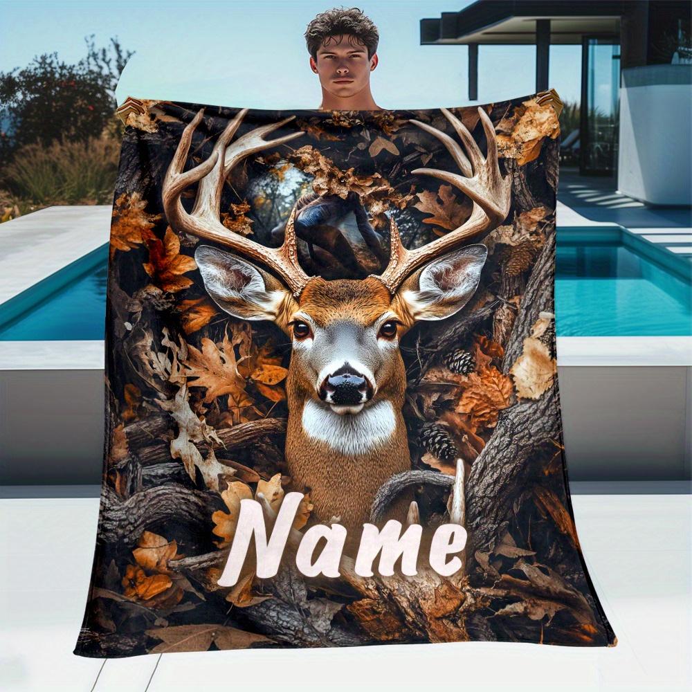 Custom Deer Fleece Blanket Personalized Name Forest Animal Print Throw Soft Warm All Season Bedding Gift For Hunting Lovers