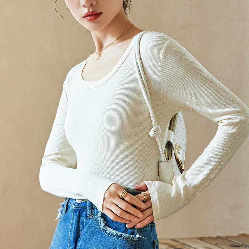 Women's Modal Low-Neck Backless Slim Fit Long-Sleeve Plus Velvet Tee for Autumn and Winter