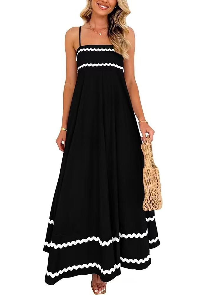 TK women's summer elegant long dress casual sleeveless thin shoulder strap pleated beach long dress dress