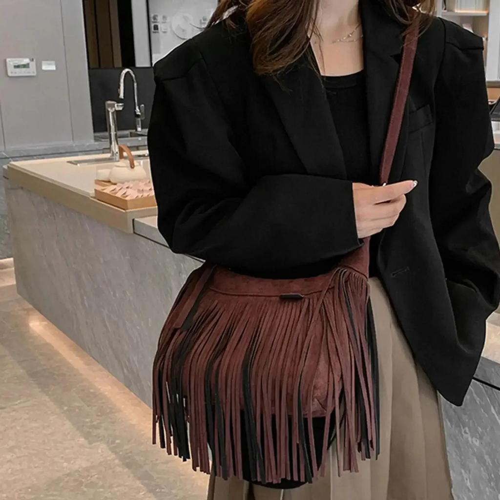 Large Retro Fringed Handbag Totes Bag  PU Messenger Bag Zipper Soft Ethnic Style Women’s Fringed Leather Shoulder Bag