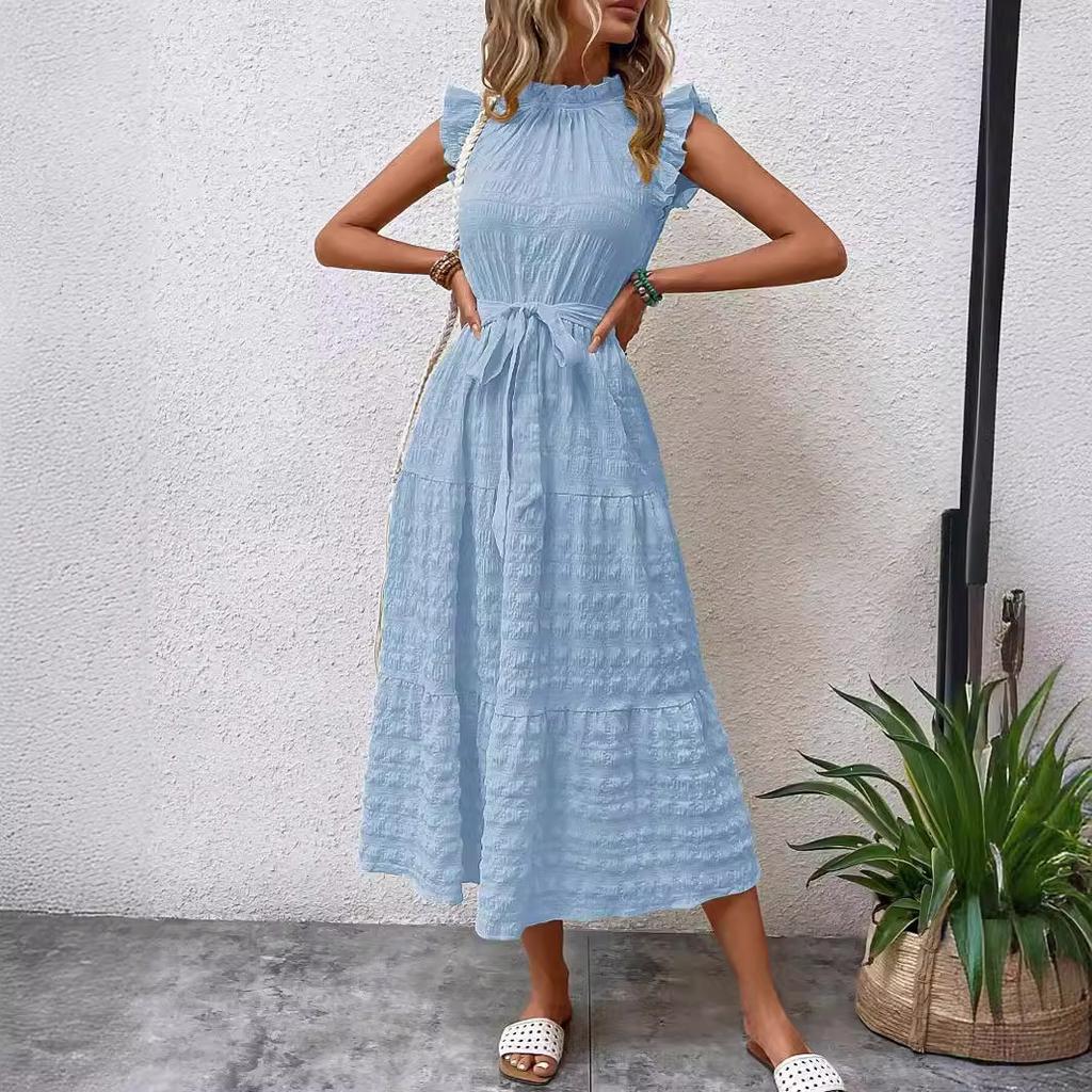 Women's summer new fashion fungus edge flying sleeves lace-up textured dress