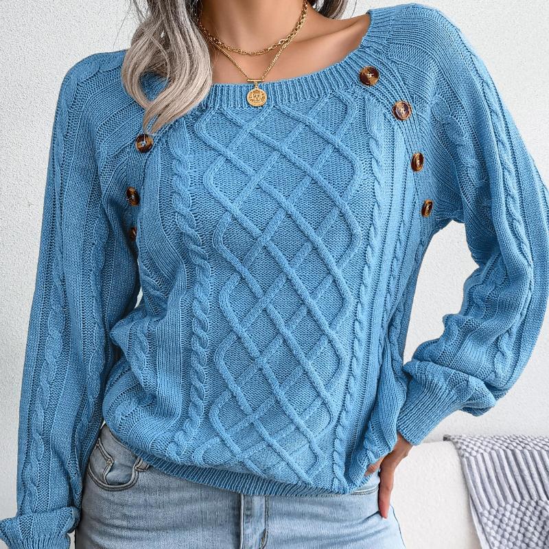 Women Warm Knitted Sweater Autumn Winter Casual Square Collar Studded Button Twist Knit Pullover Jumpers