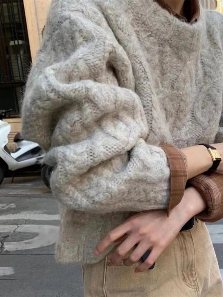 Chunky Knit Chunky Yarn Twisted Sweater Women's Outerwear Autumn Winter New Style Retro Lazy Style Loose Crew Neck Knit Top