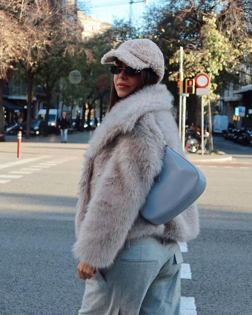 Plus Size Women's Faux Fur Lapel Jacket - 2024 Spring/Autumn European & American Style