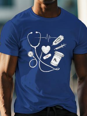 Medical Stethoscope Heartbeat Syringe Nurse Graphic Tee Mens Casual Short Sleeve Cotton TShirt