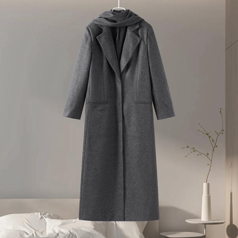 

Однотонное шикарное шерстяное пальто с воротником-шарфом, элегантные женские однобортные куртки с карманами, новая женская верхняя одежда больших размеров L темно-серого
