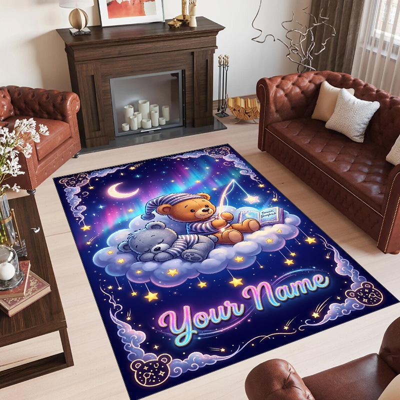 Teddy Bear Theme Crystal Velvet Rug Personalized Custom Name Text Soft Floor Mat Home Decor