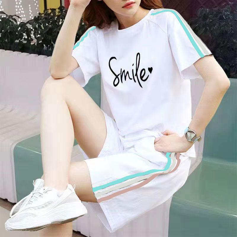 Women's Korean-Style Summer White Loose Plus Size Short Sleeve T-Shirt & Shorts Set