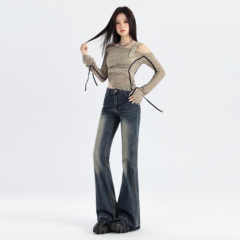 Retro blue micro-flared jeans women's spring and autumn new high-waisted and thin rough-edged design horseshoe flared pants