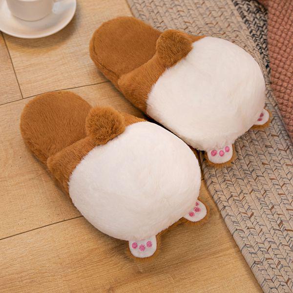

2024 Corgi Butt Plush Slippers - дизайн с изображением мультяшных животных, нескользящая обувь для дома, доступны в трех цветах для пар One Size коричневый