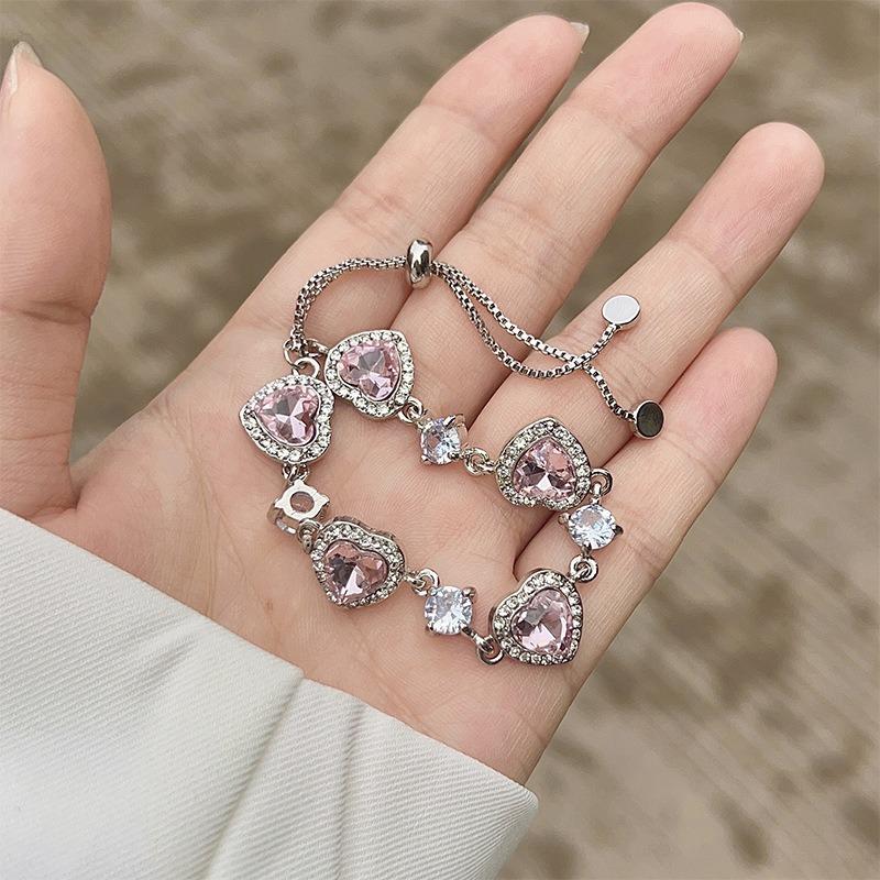 Pink Heart Zircon Adjustable Pull Bracelet Light Luxury Niche Fashion Jewelry For Women