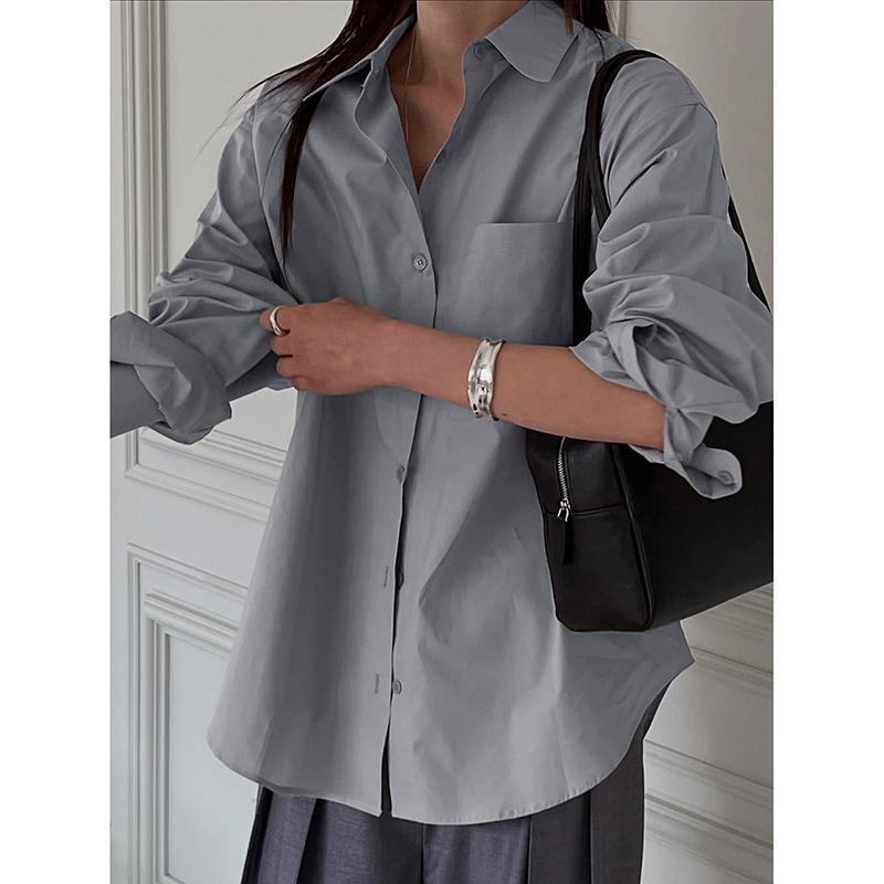 Woman Blouse Spring Autumn New Solid Color Pocket Design Turn-Down Collar Long Sleeve Versatile Loose Casual Shirt Top