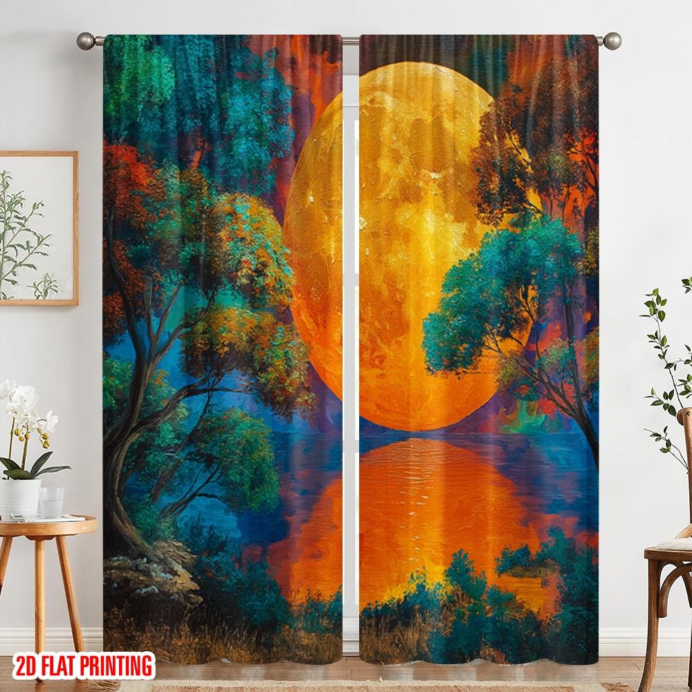 2pcs,2D Plane Printing Window Curtain Moonlit Canvas Polyester Woven (without Rod) Holiday for Bedroom, Living Room, Office
