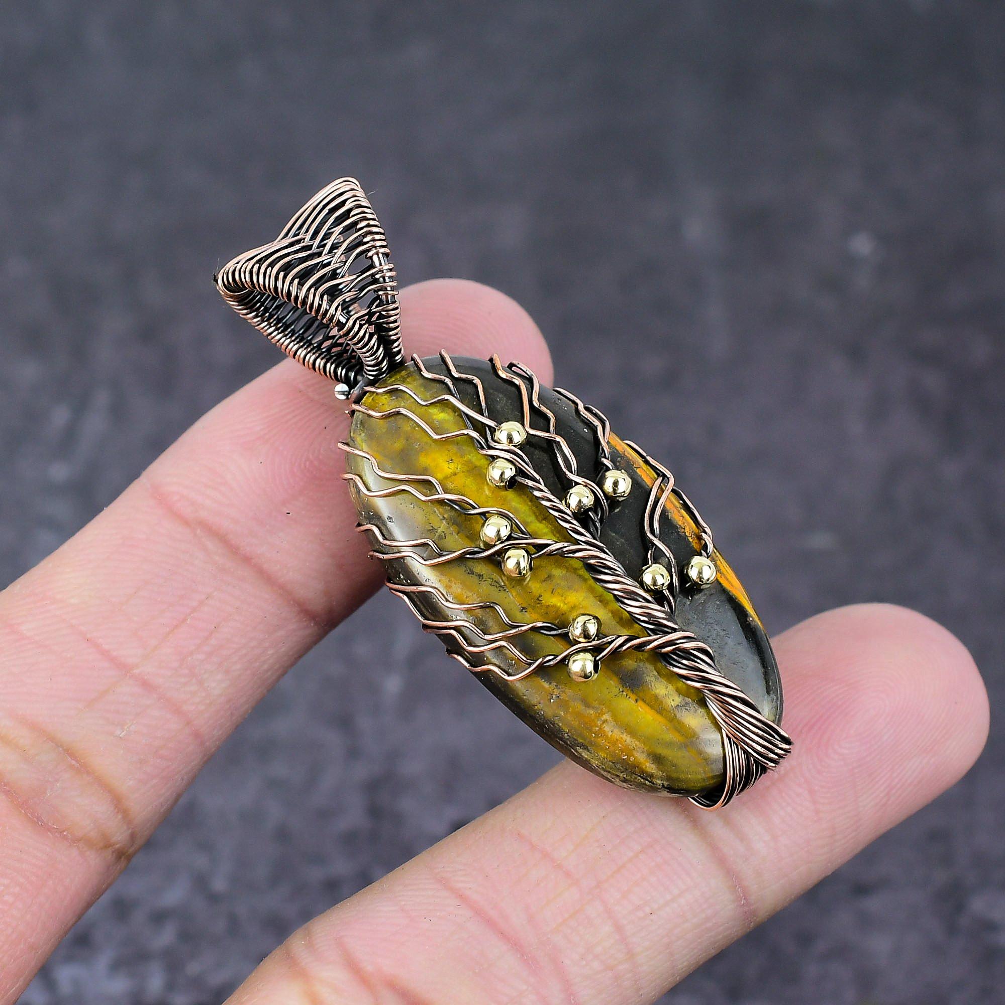 

Natural Black Tiger Eye Copper Wire Wrap Tree Of Life Pendant Jewelry 2.17 H2c13
