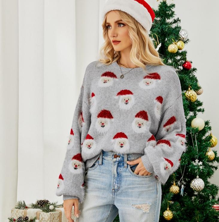 Nowy Rodzinny Świąteczny Sweter Dzianinowy Damski z Długim Rękawem Okrągły Dekolt Dżemper z Nadrukiem Świętego Mikołaja Damski Pulower Bluza
