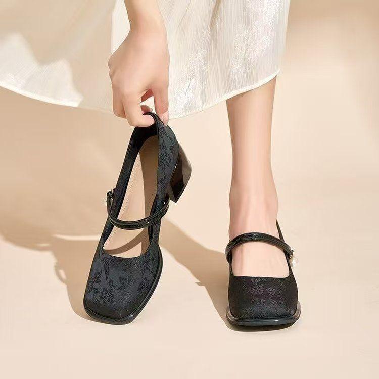 French evening wind thick heel single shoes women's skirt gentle one-word buckle belt shallow mouth single shoes women's spring and summer new models
