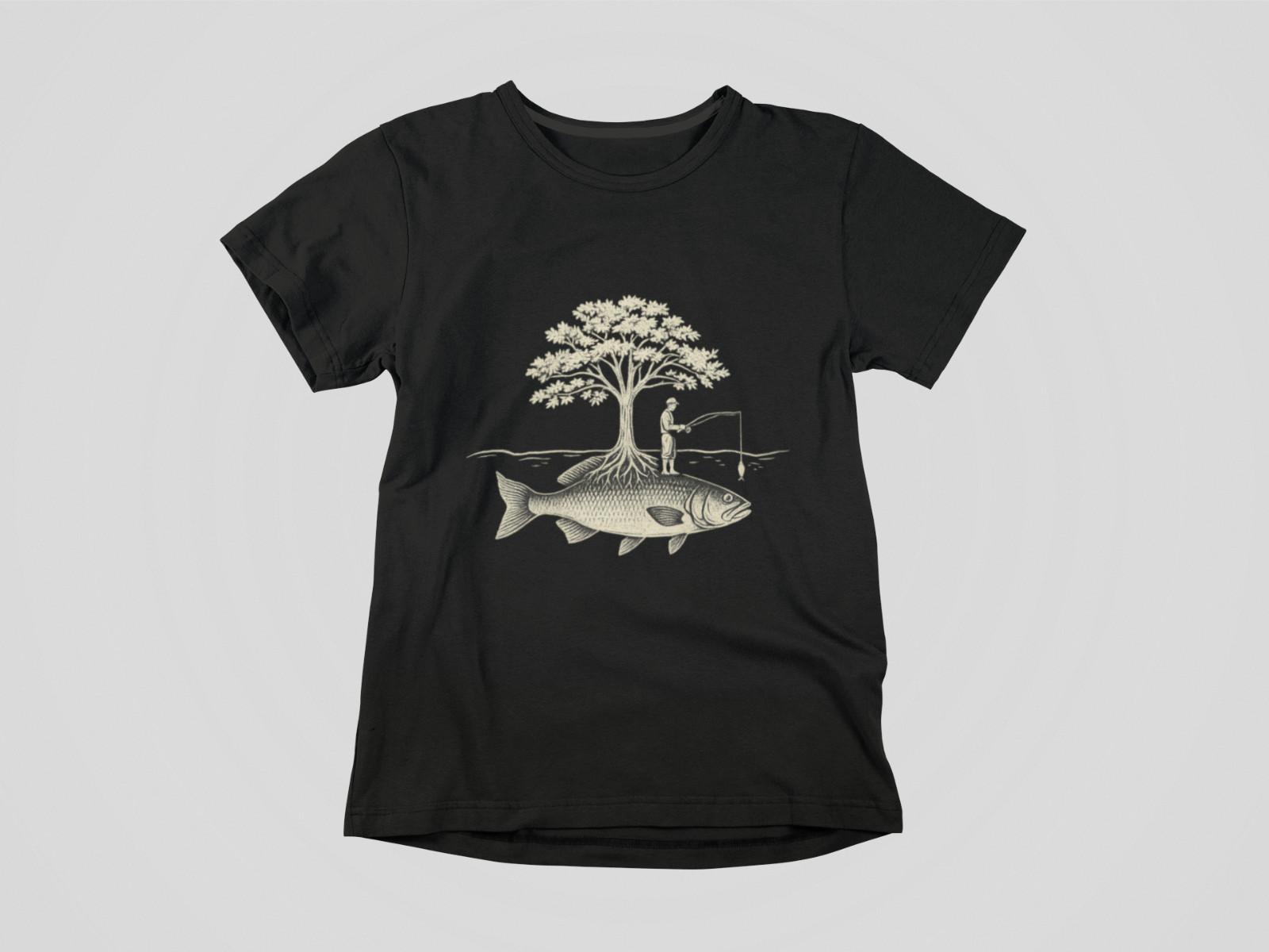 Fisherman Tree Fish Shirt Surreal Nature Graphic Tee Outdoors Fishing Art Design 2XL