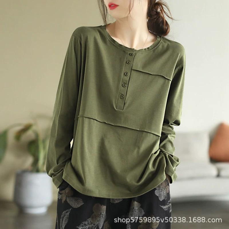 Nuova Maglietta a Maniche Lunghe Retro Primavera e Autunno per Donna, Casual e Snellente, Camicia con Fondo Bottoni a Contrasto, Top per Donna, 2025