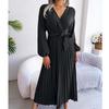 Elegant V Neck Long Sleeve Pleated Long Dress Women Autumn Office-lady Long Sleeve Loose Lace-up Dresses Fashion Clothes 29237