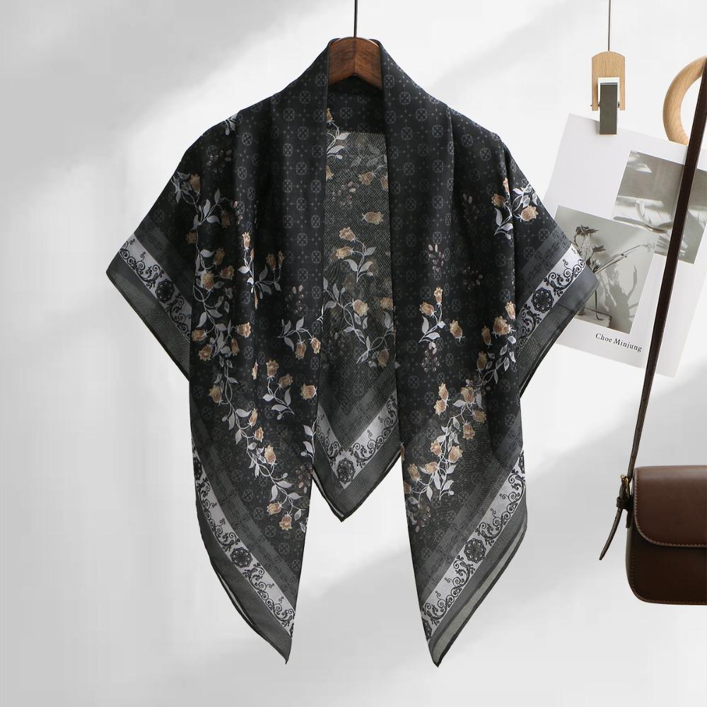 110cm Size Voile Scarf Square Shape Muslim Women Hijabs Fashion Floral Printed Scarf  Cultural Wear